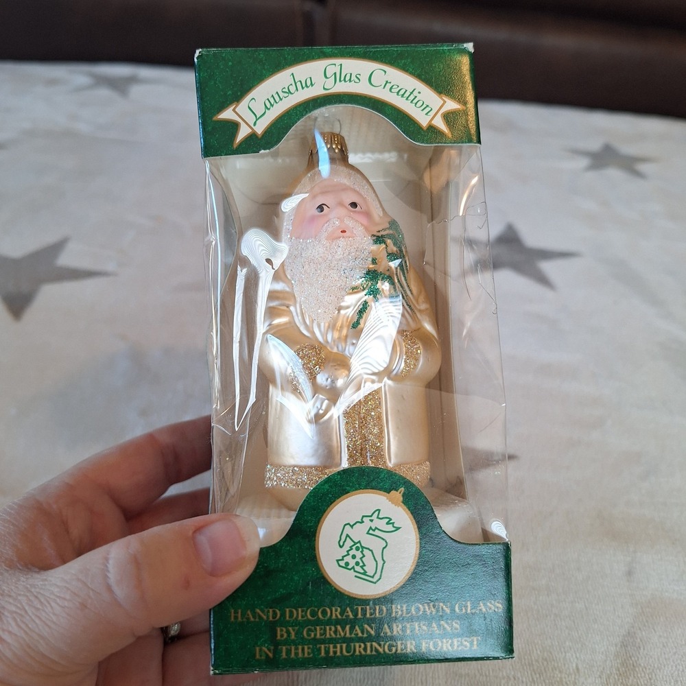 Lauscha Glas Creation Cream Gold Santa‎ Glass Christmas Ornament Germany w/ Box